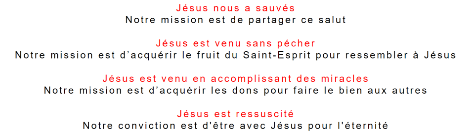 Jésus nous a sauvés Notre mission est de partager ce salut Jésus est venu sans pécher Notre mission est d’acquérir le fruit du Saint-Esprit pour ressembler à Jésus Jésus est venu en accomplissant des miracles Notre mission est d’acquérir les dons pour faire le bien aux autres Jésus est ressuscité Notre conviction est d‘être avec Jésus pour l‘éternité; média autrement; mediautrement; maurice CLAIRVOYANT